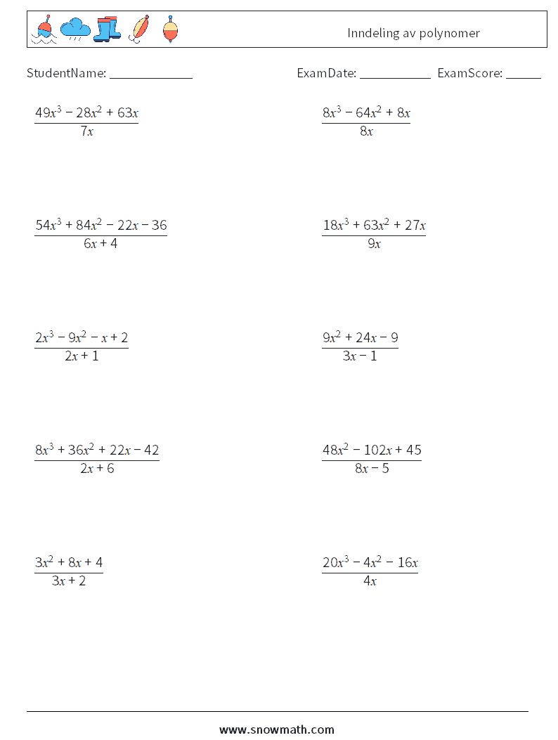 Inndeling av polynomer MathWorksheets 3