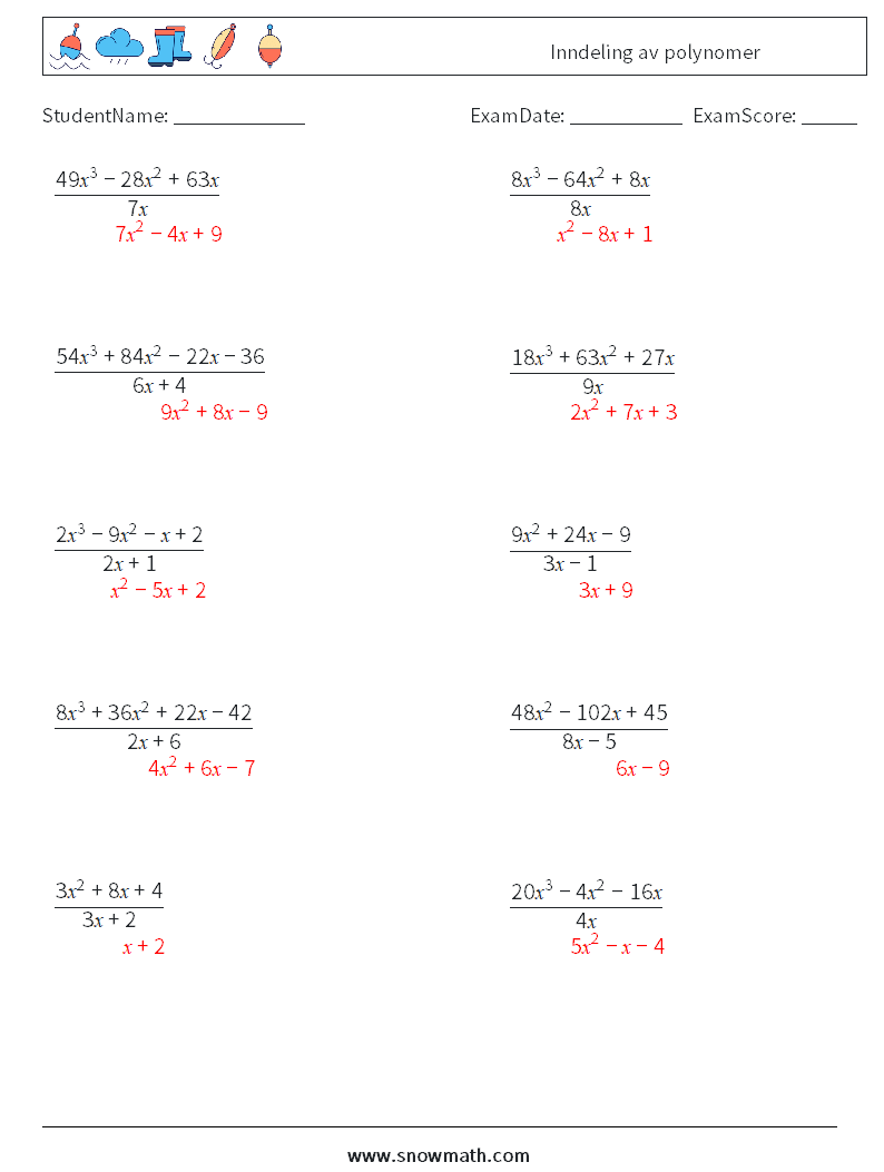 Inndeling av polynomer MathWorksheets 3 QuestionAnswer