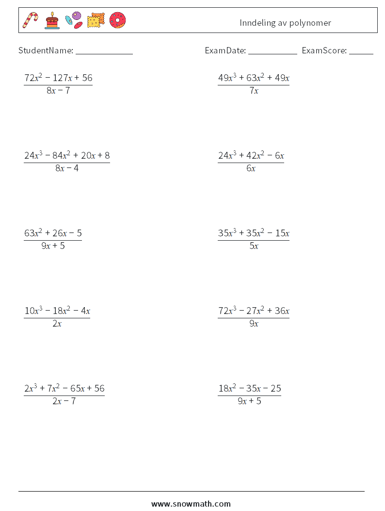 Inndeling av polynomer MathWorksheets 4