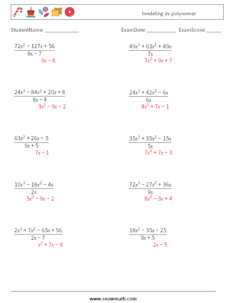 Inndeling av polynomer MathWorksheets 4 QuestionAnswer