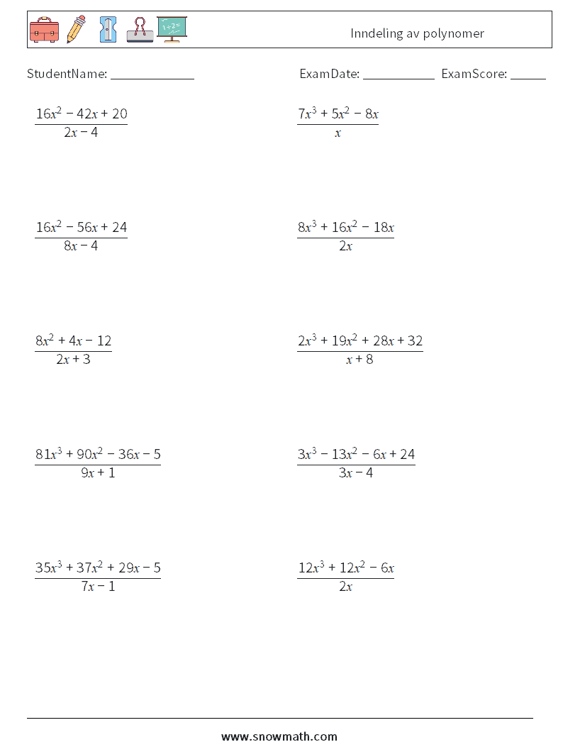 Inndeling av polynomer MathWorksheets 5