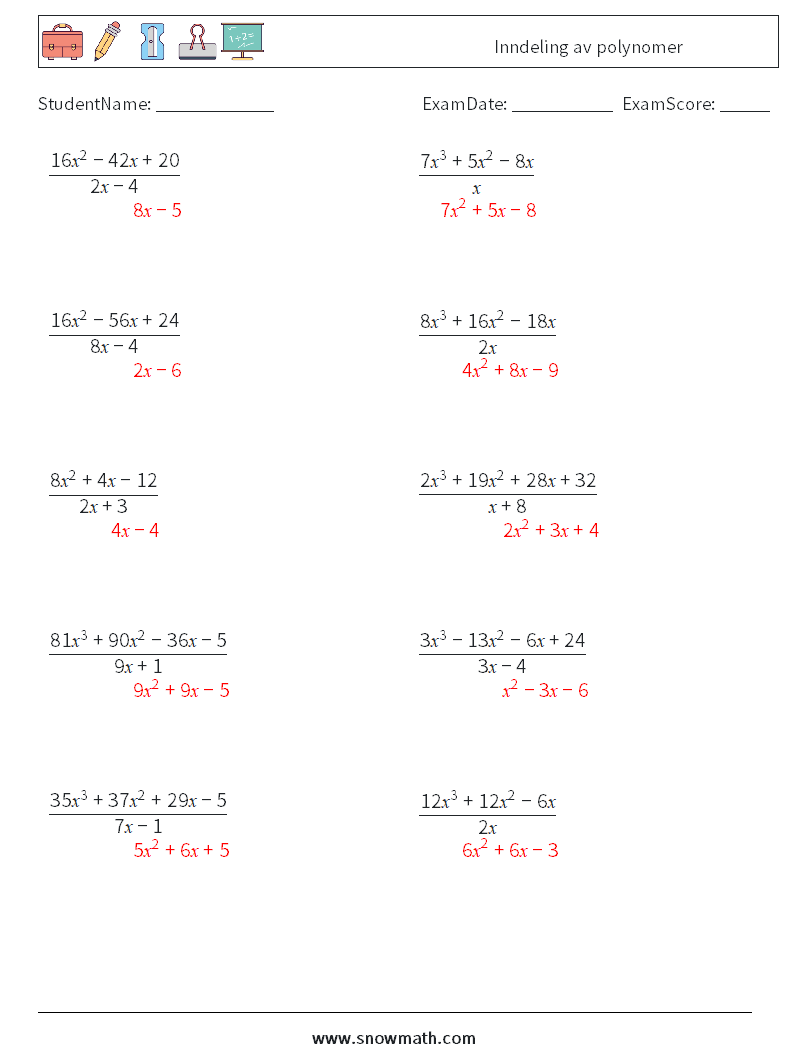 Inndeling av polynomer MathWorksheets 5 QuestionAnswer