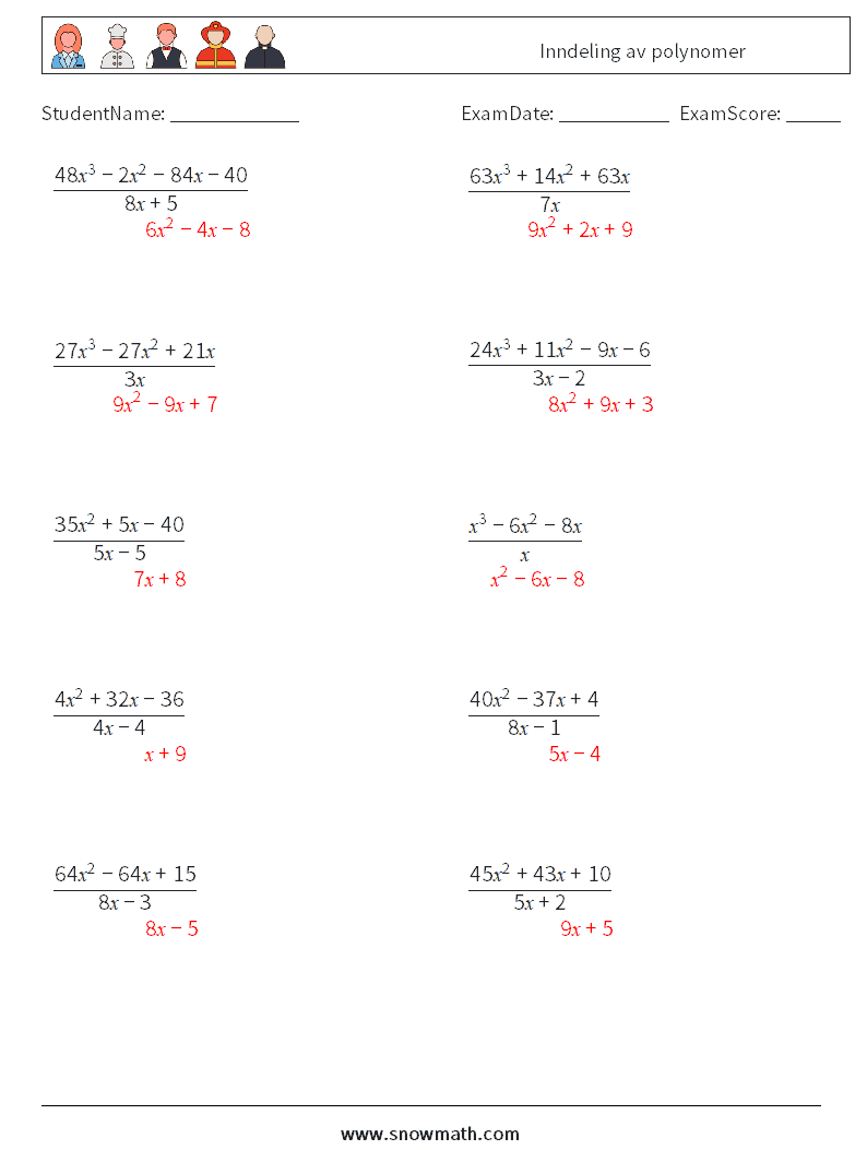 Inndeling av polynomer MathWorksheets 6 QuestionAnswer