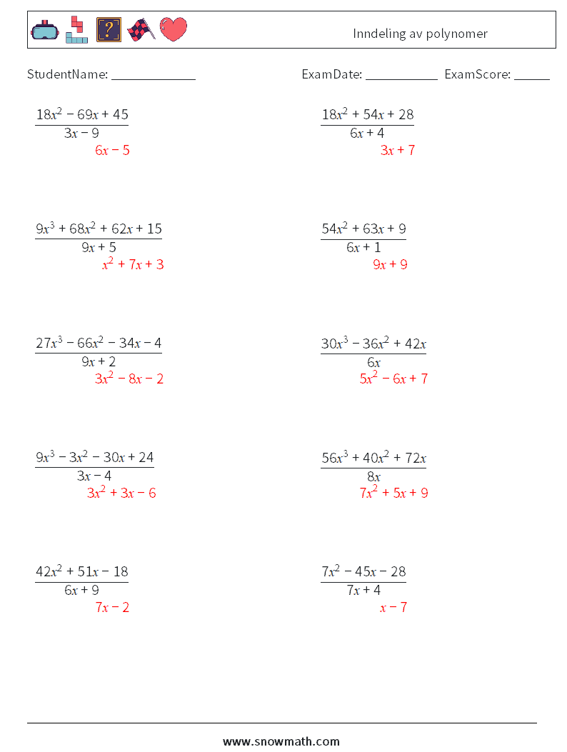 Inndeling av polynomer MathWorksheets 7 QuestionAnswer