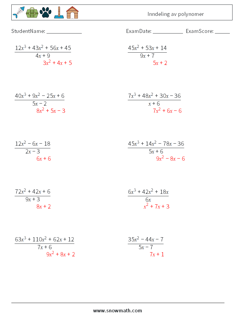 Inndeling av polynomer MathWorksheets 8 QuestionAnswer