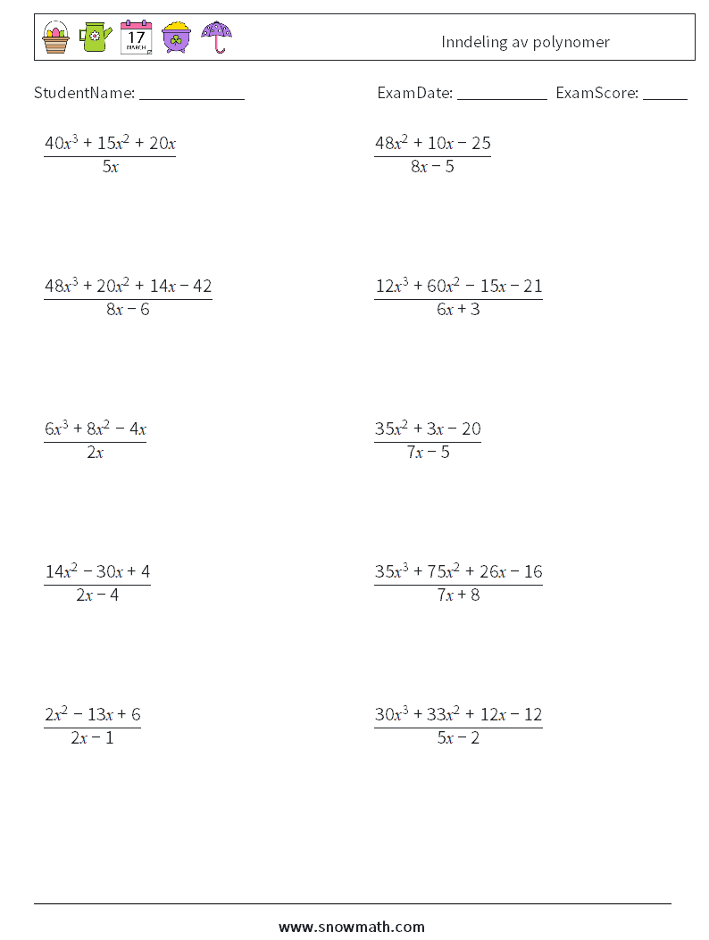 Inndeling av polynomer MathWorksheets 9