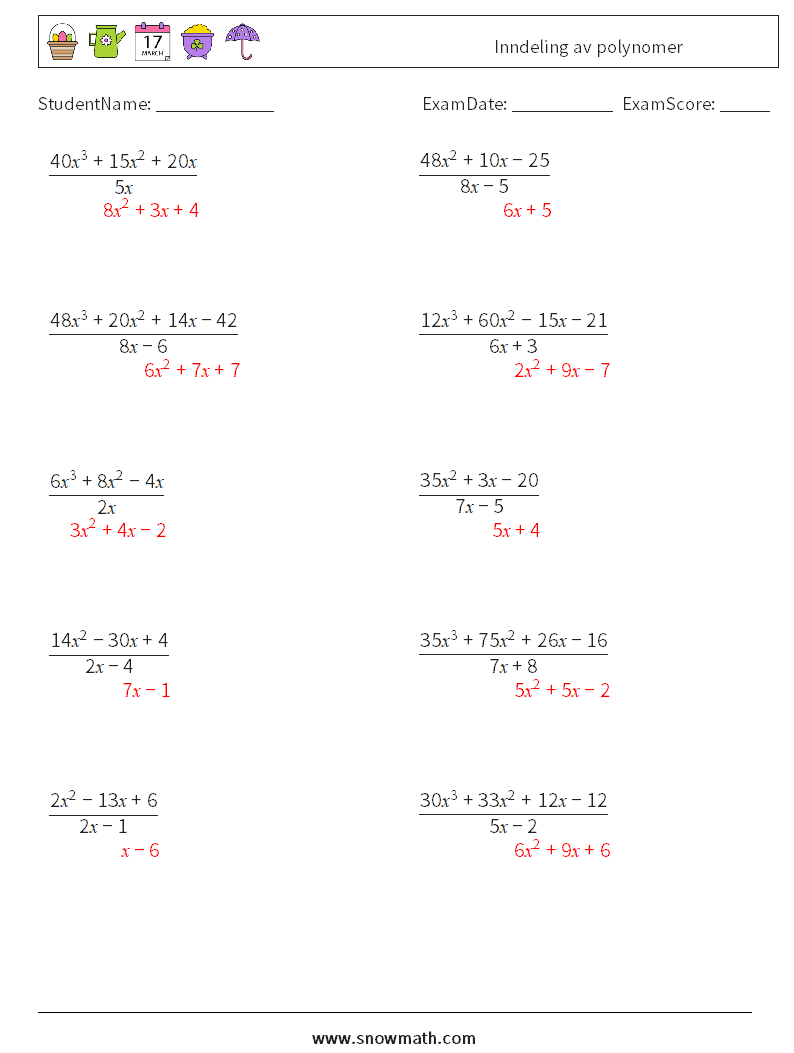 Inndeling av polynomer MathWorksheets 9 QuestionAnswer