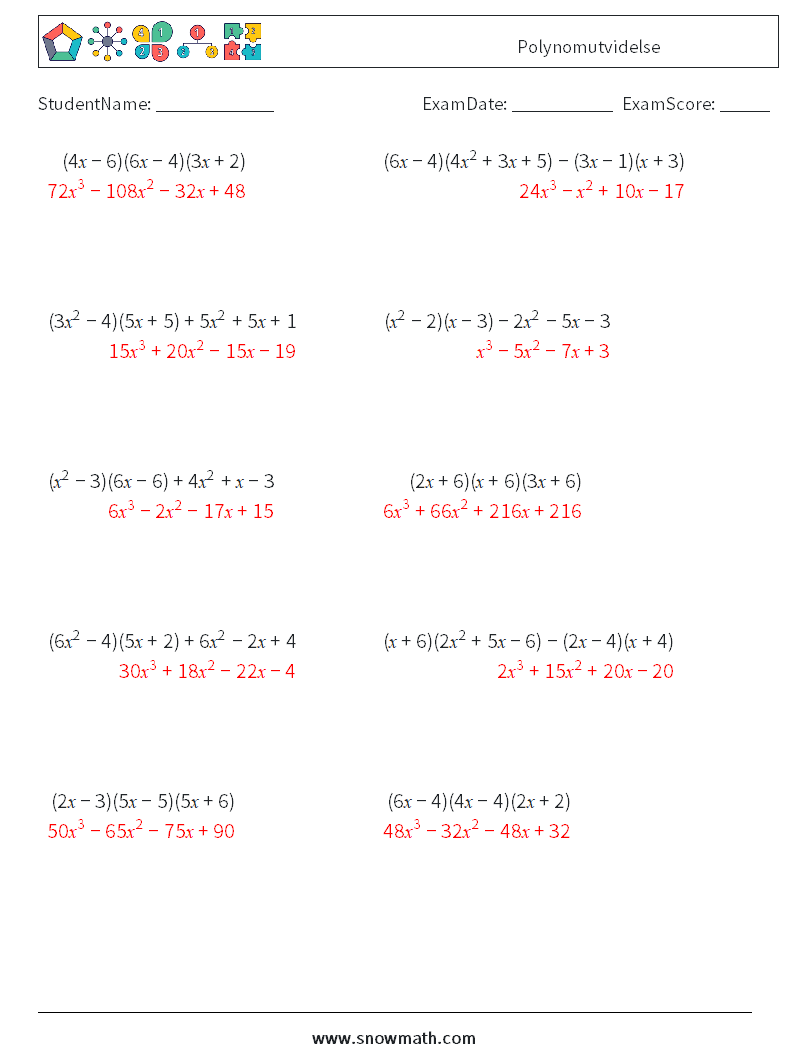 Polynomutvidelse MathWorksheets 3 QuestionAnswer