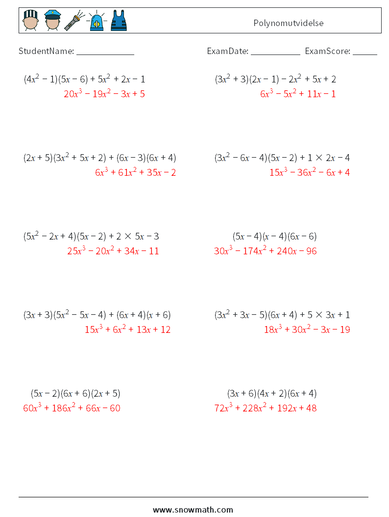 Polynomutvidelse MathWorksheets 6 QuestionAnswer