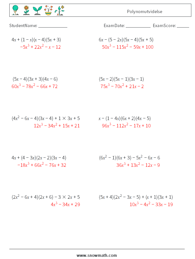 Polynomutvidelse MathWorksheets 8 QuestionAnswer