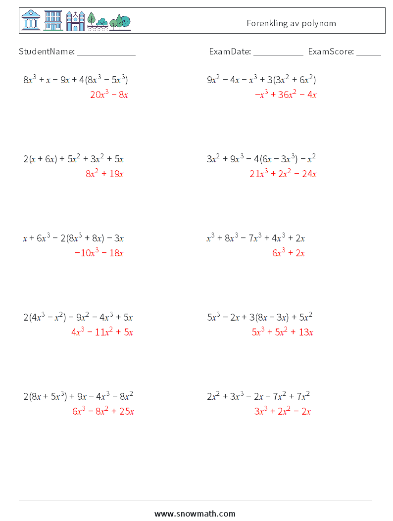 Forenkling av polynom MathWorksheets 1 QuestionAnswer