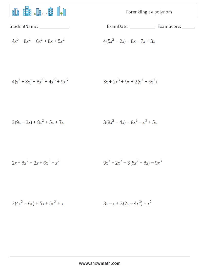 Forenkling av polynom MathWorksheets 2