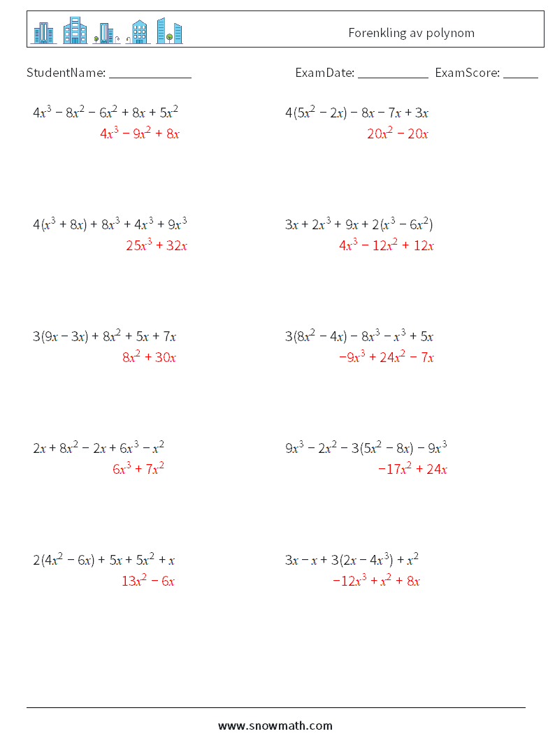 Forenkling av polynom MathWorksheets 2 QuestionAnswer