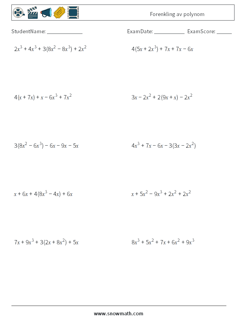 Forenkling av polynom MathWorksheets 3