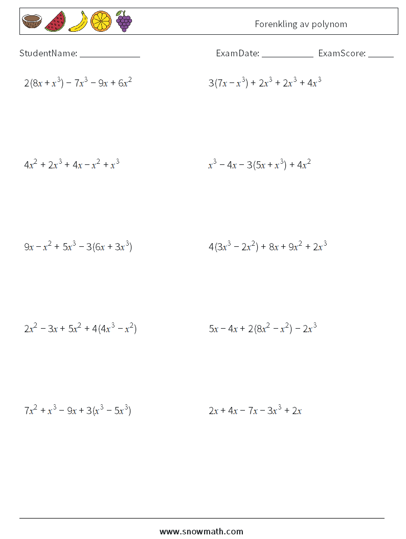 Forenkling av polynom MathWorksheets 4