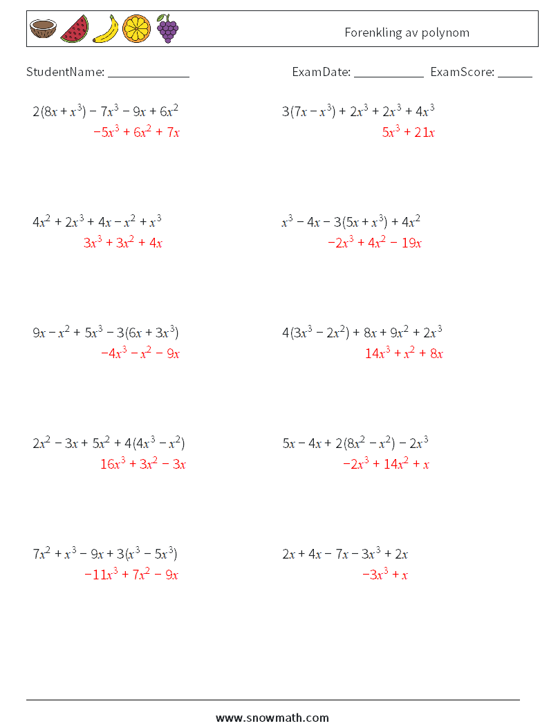 Forenkling av polynom MathWorksheets 4 QuestionAnswer