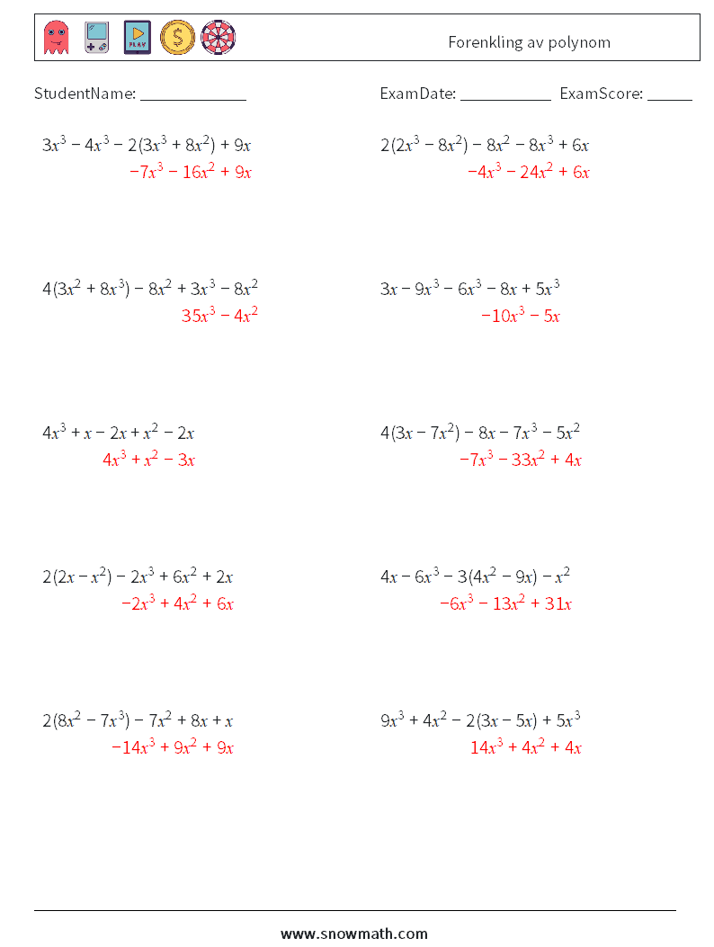 Forenkling av polynom MathWorksheets 5 QuestionAnswer