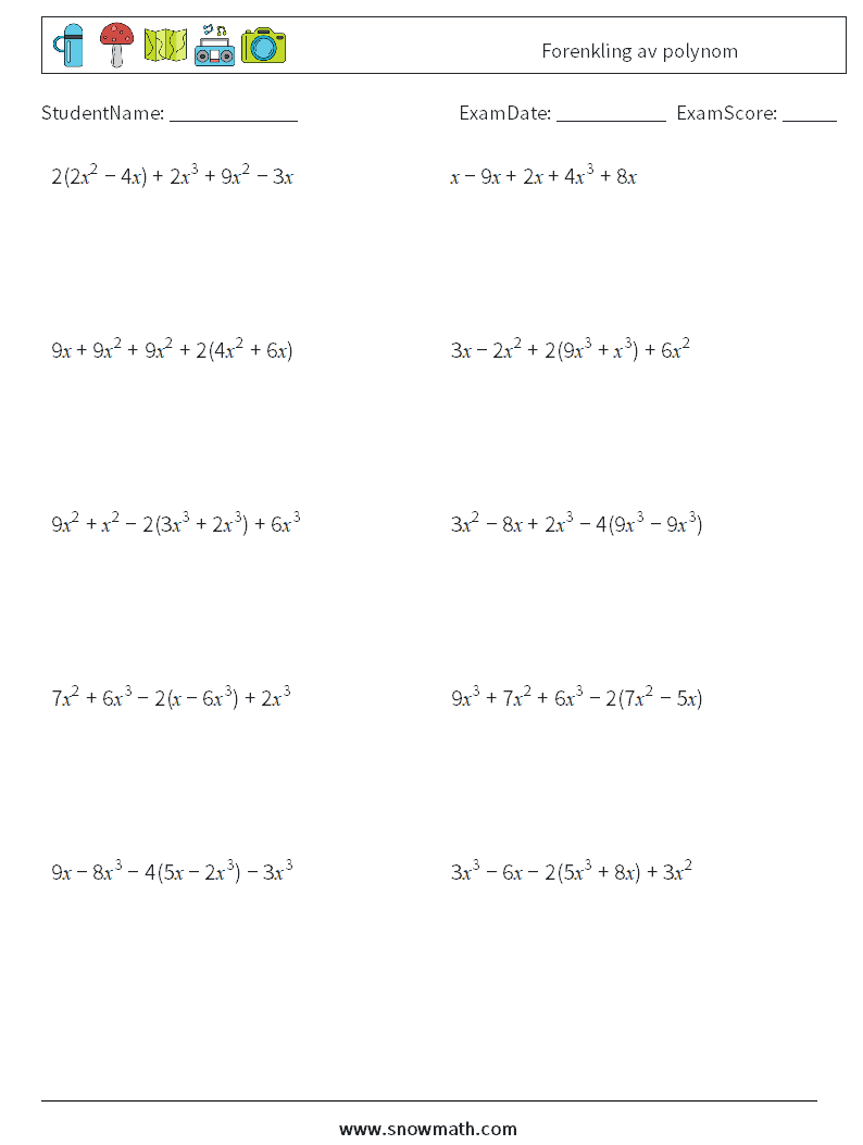 Forenkling av polynom MathWorksheets 6