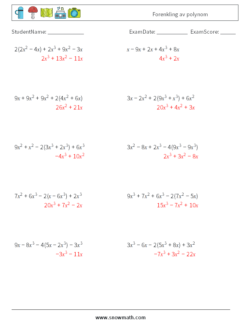 Forenkling av polynom MathWorksheets 6 QuestionAnswer