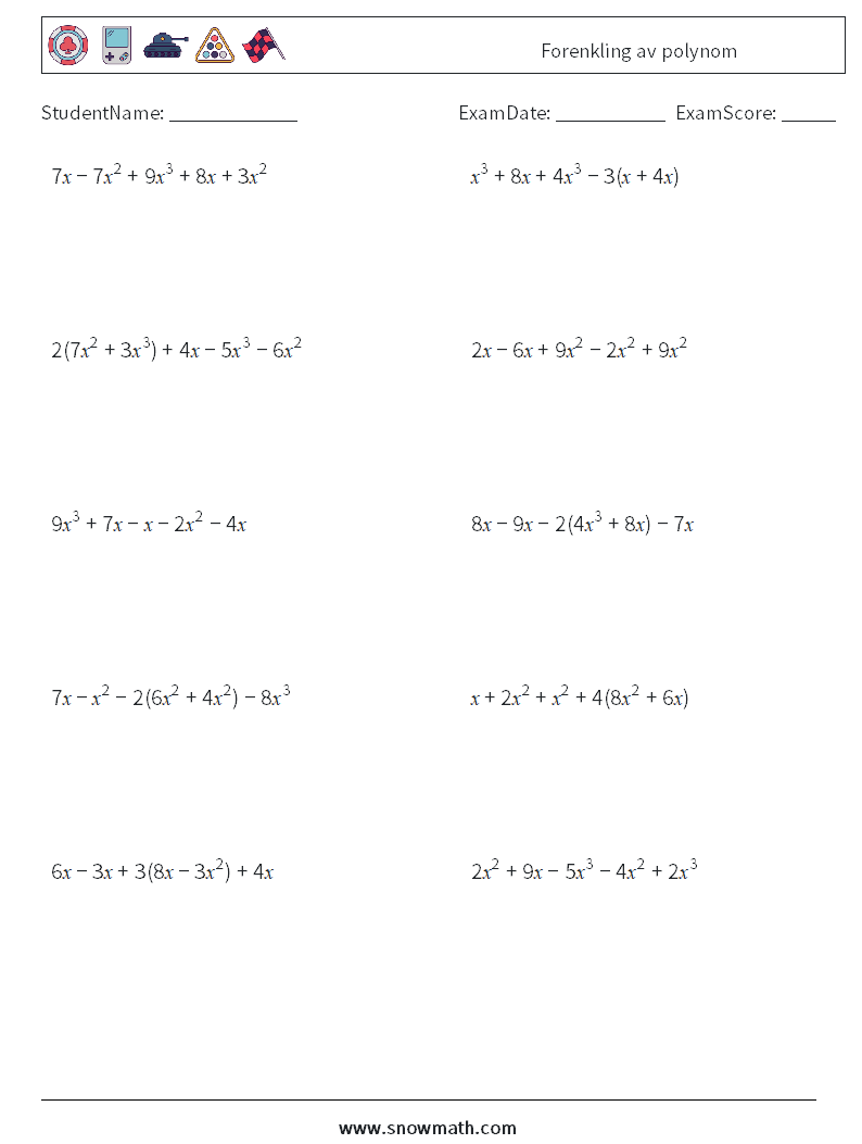 Forenkling av polynom MathWorksheets 7