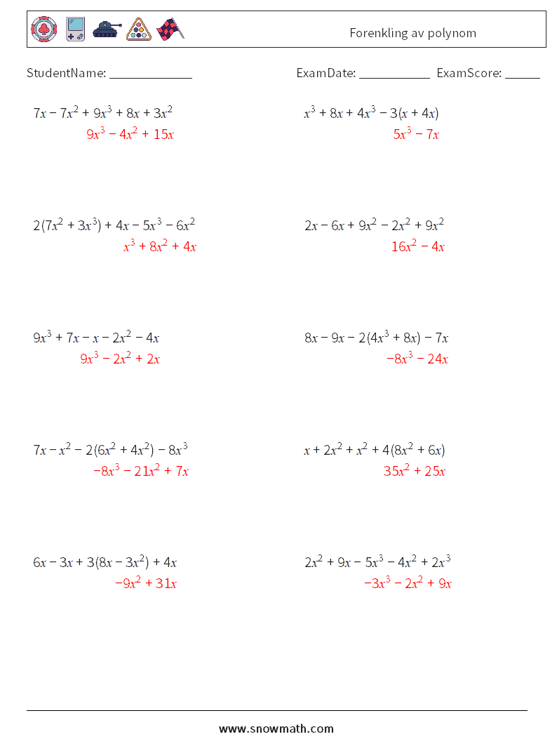 Forenkling av polynom MathWorksheets 7 QuestionAnswer