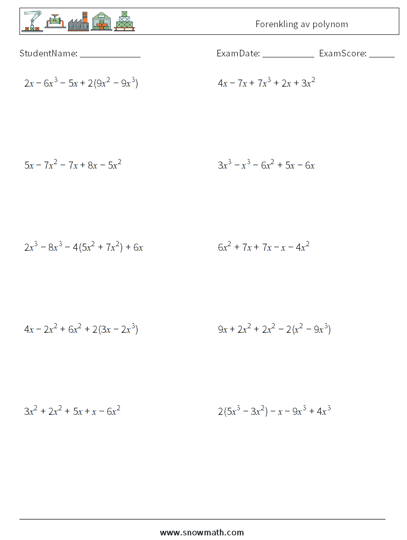 Forenkling av polynom MathWorksheets 8