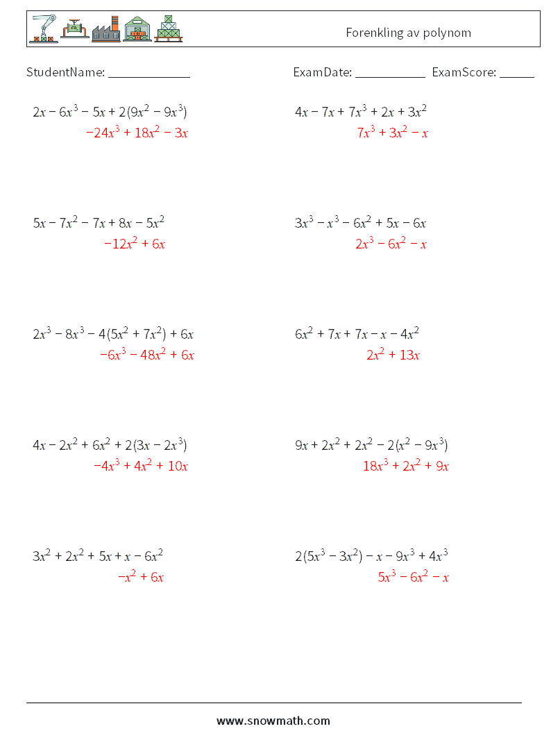 Forenkling av polynom MathWorksheets 8 QuestionAnswer