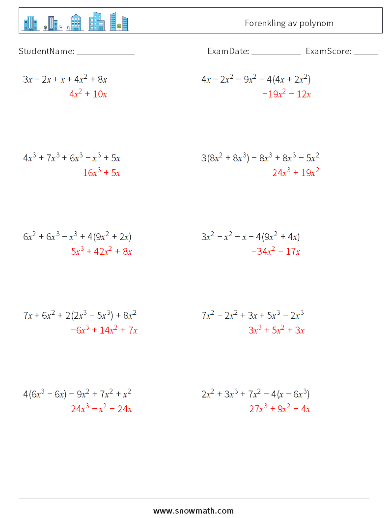 Forenkling av polynom MathWorksheets 9 QuestionAnswer