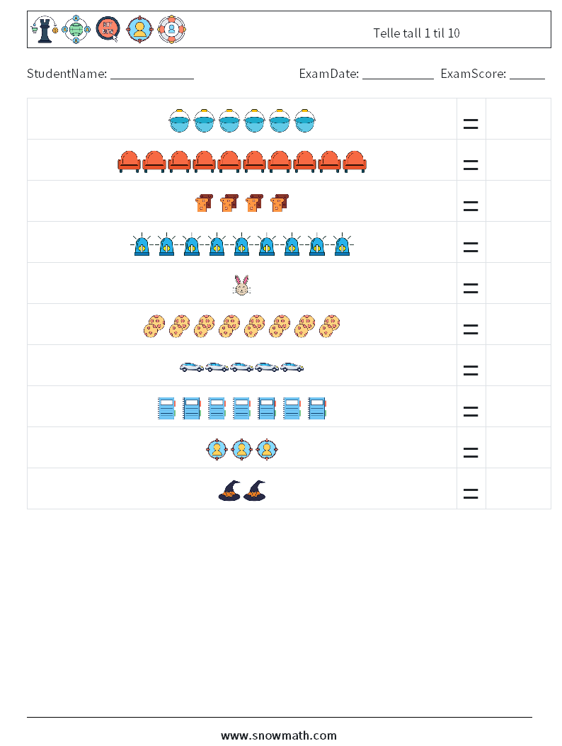 Telle tall 1 til 10 MathWorksheets 11