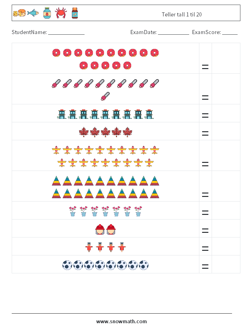 Teller tall 1 til 20 MathWorksheets 1