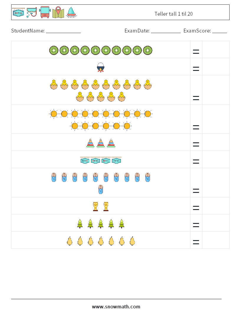 Teller tall 1 til 20 MathWorksheets 12