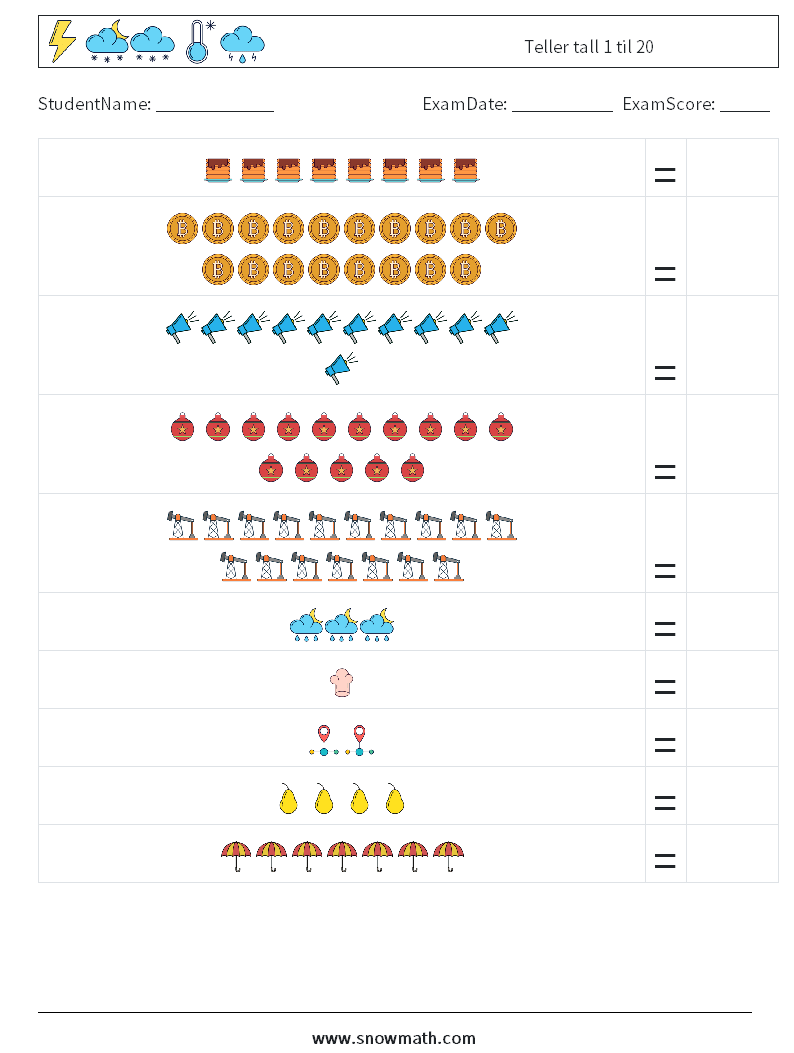 Teller tall 1 til 20 MathWorksheets 17