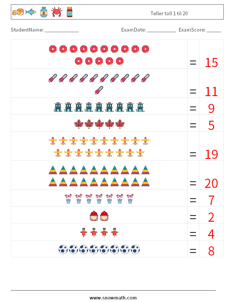 Teller tall 1 til 20 MathWorksheets 1 QuestionAnswer