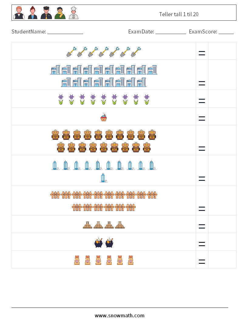 Teller tall 1 til 20 MathWorksheets 2