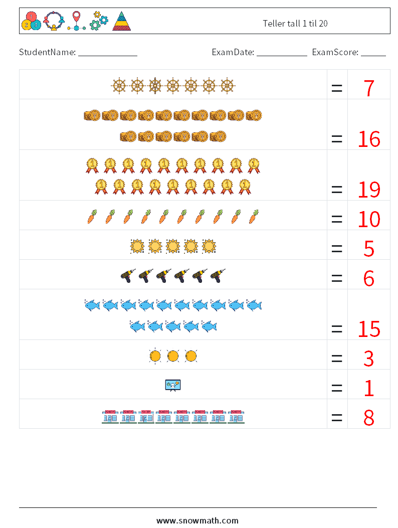 Teller tall 1 til 20 MathWorksheets 3 QuestionAnswer