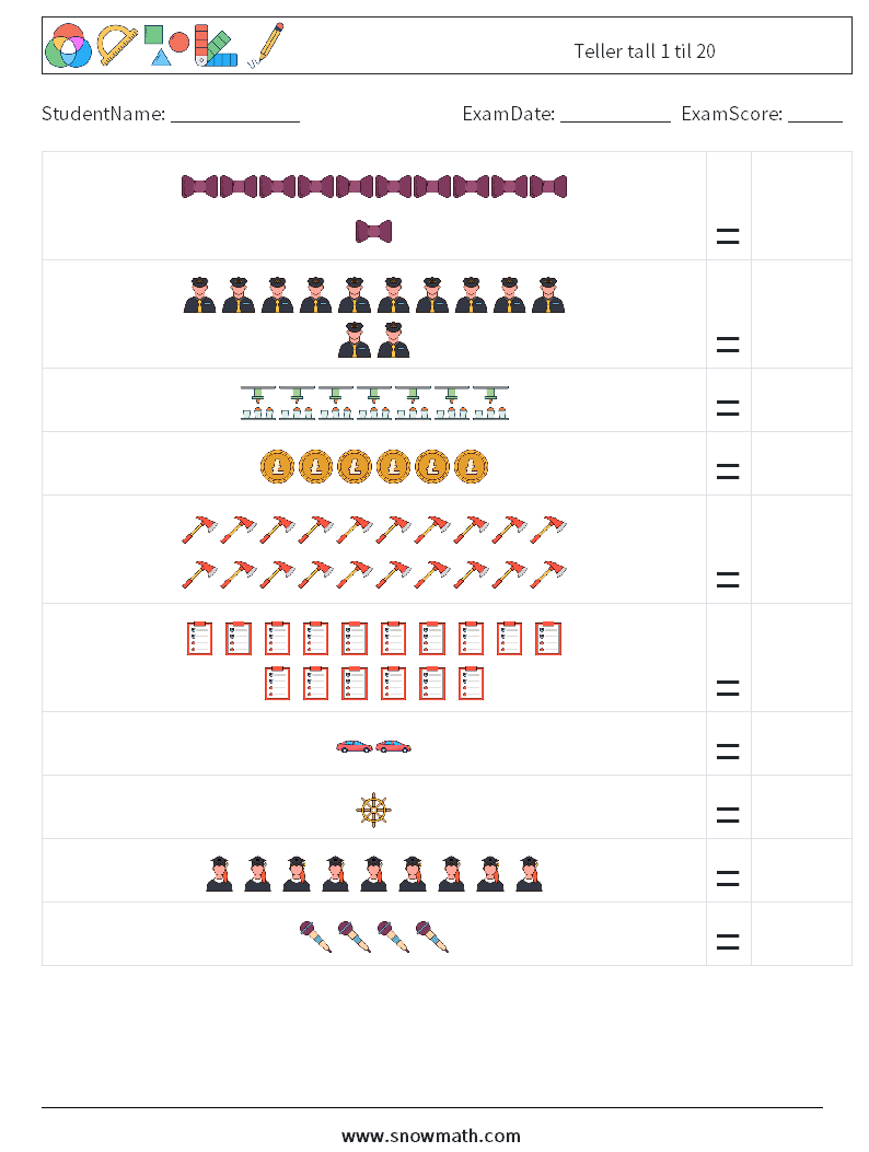 Teller tall 1 til 20 MathWorksheets 4