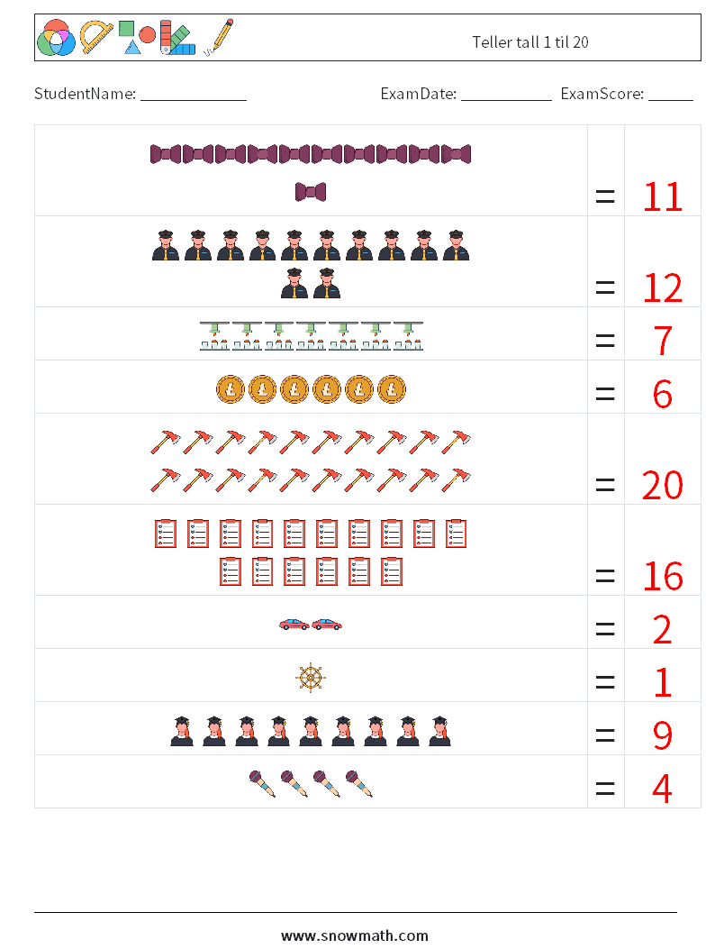 Teller tall 1 til 20 MathWorksheets 4 QuestionAnswer