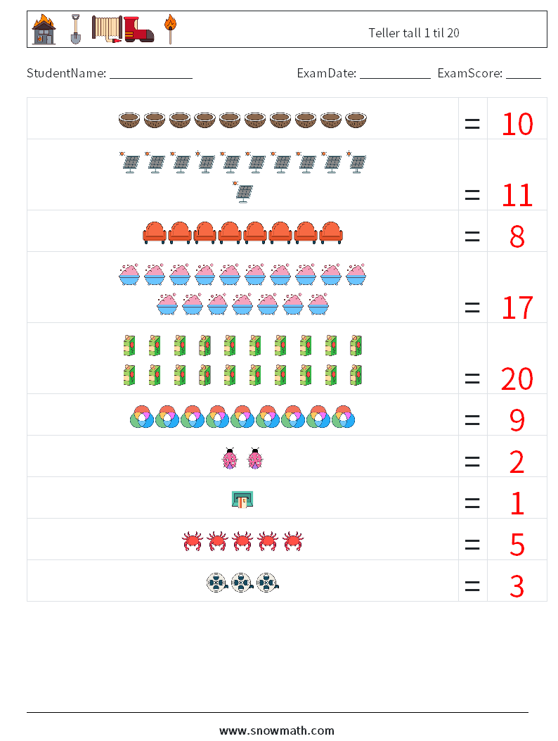 Teller tall 1 til 20 MathWorksheets 5 QuestionAnswer