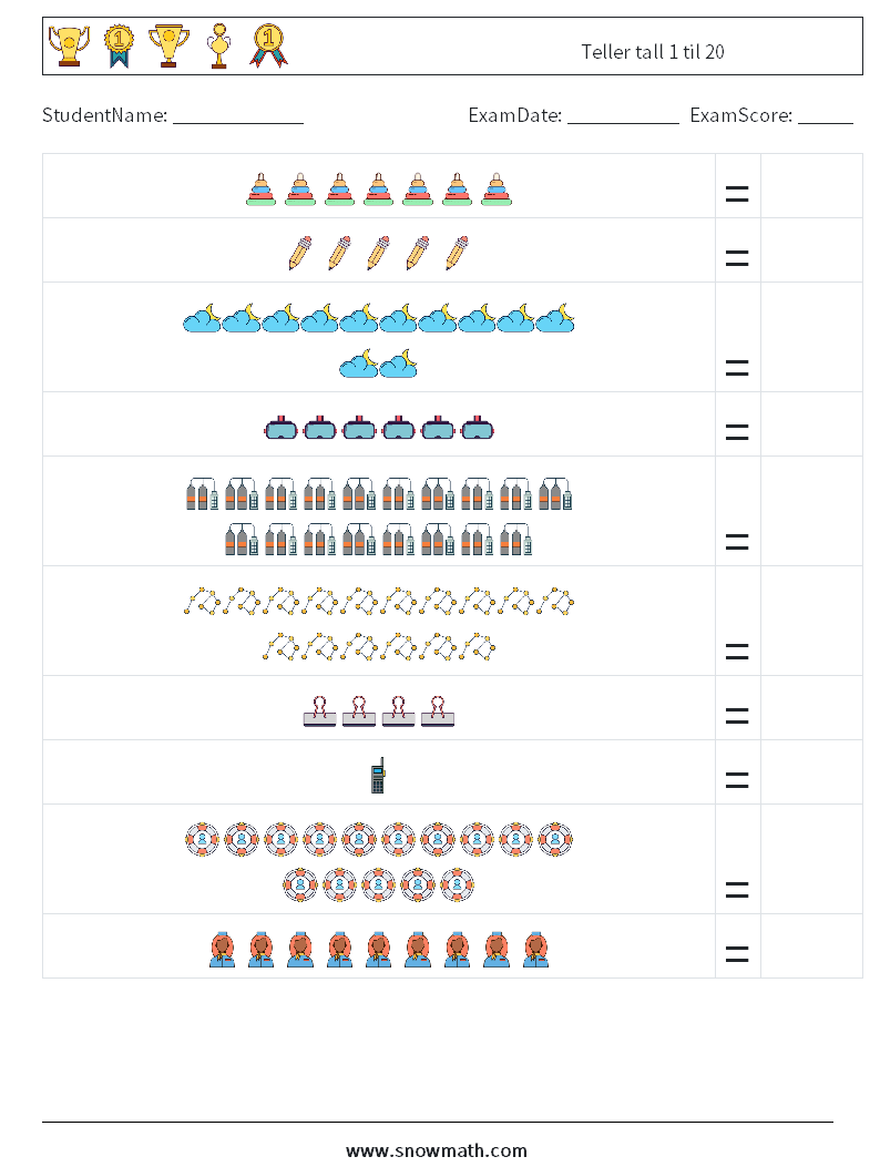 Teller tall 1 til 20 MathWorksheets 8