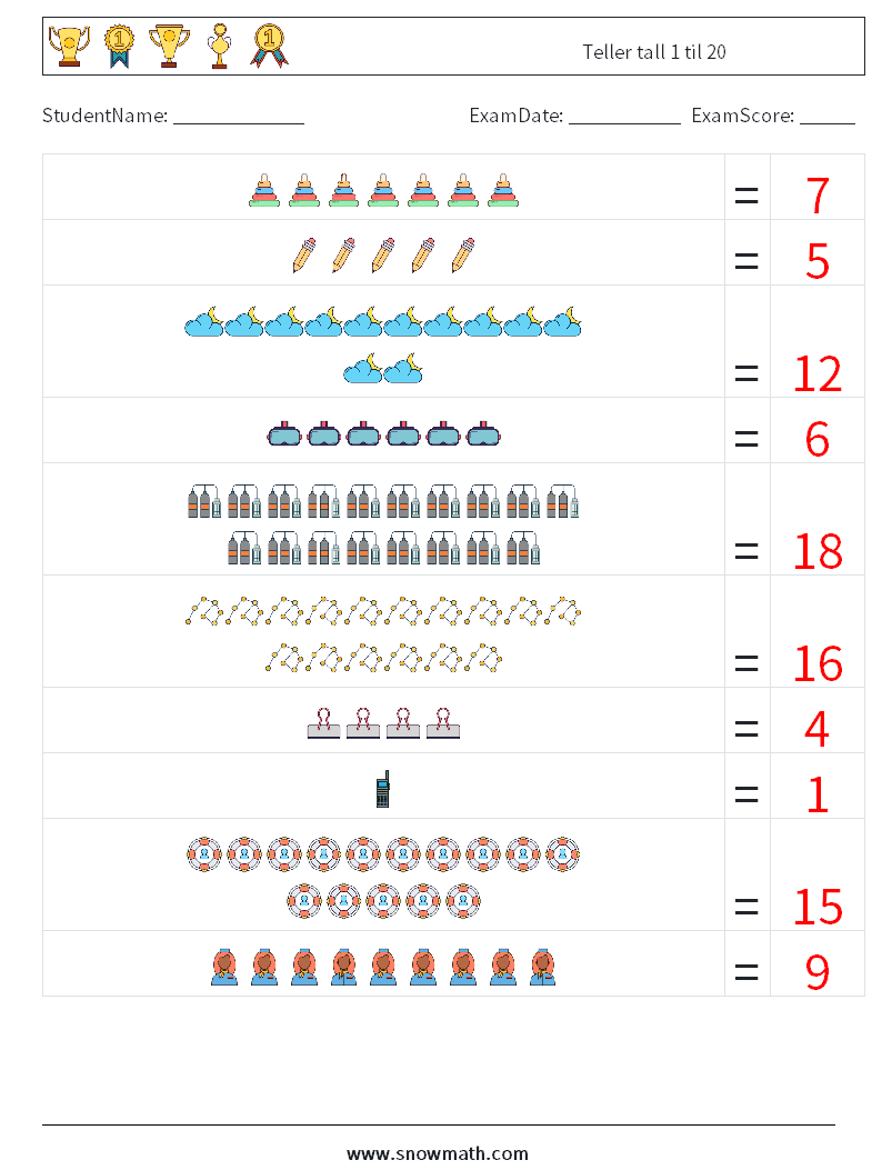 Teller tall 1 til 20 MathWorksheets 8 QuestionAnswer