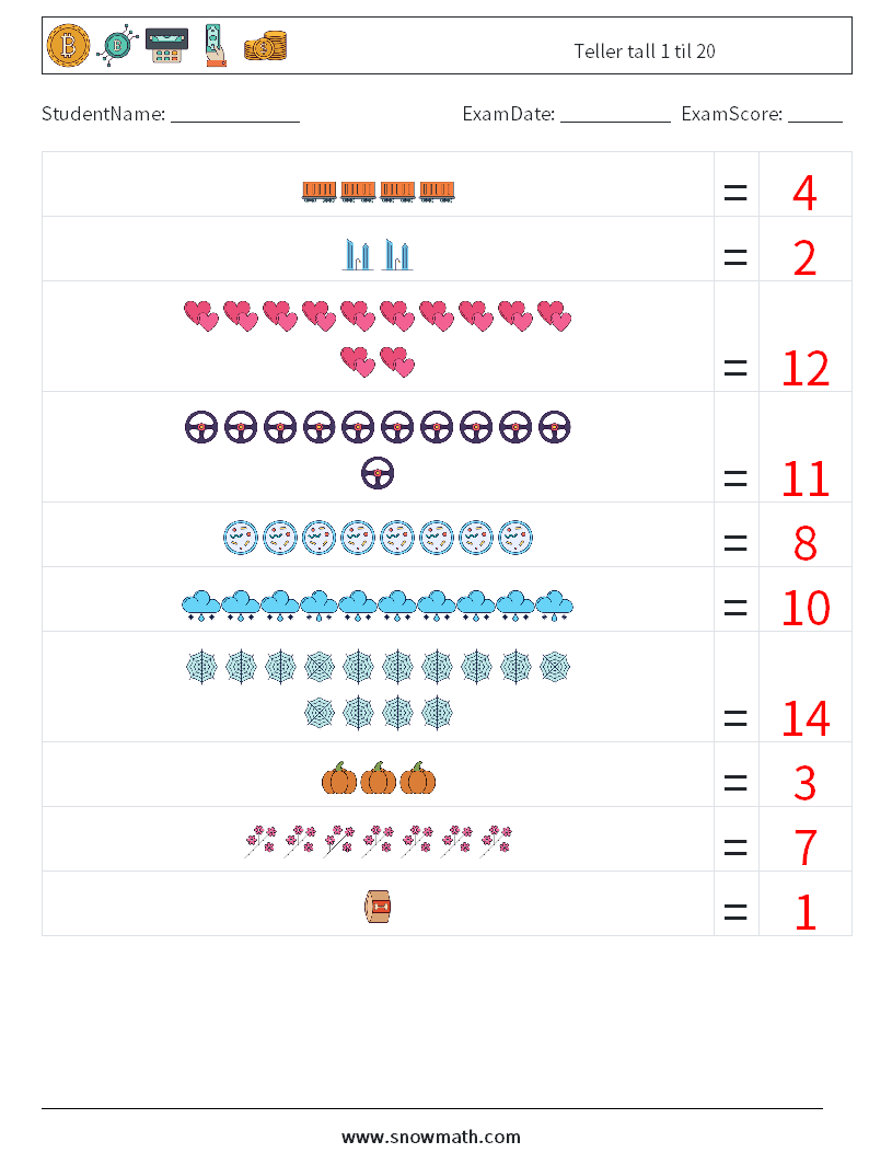 Teller tall 1 til 20 MathWorksheets 9 QuestionAnswer
