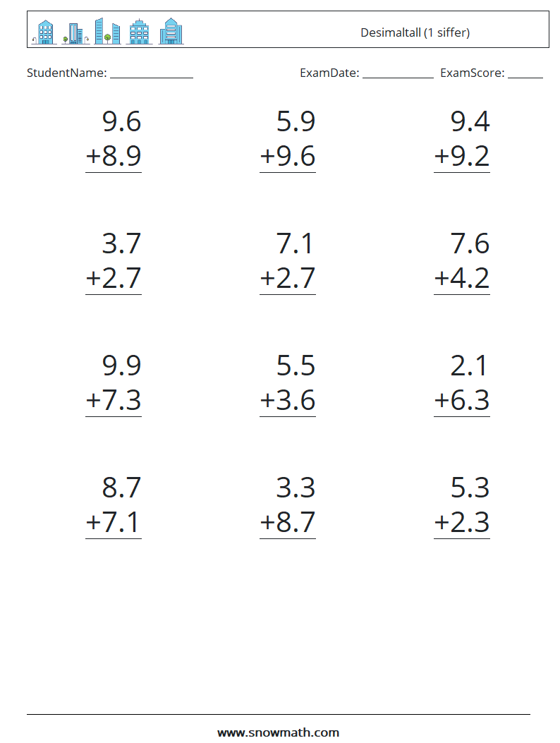 (12) Desimaltall (1 siffer) MathWorksheets 10