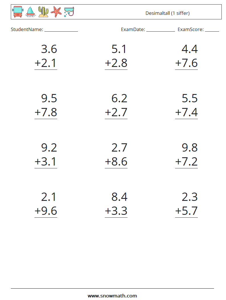 (12) Desimaltall (1 siffer) MathWorksheets 11