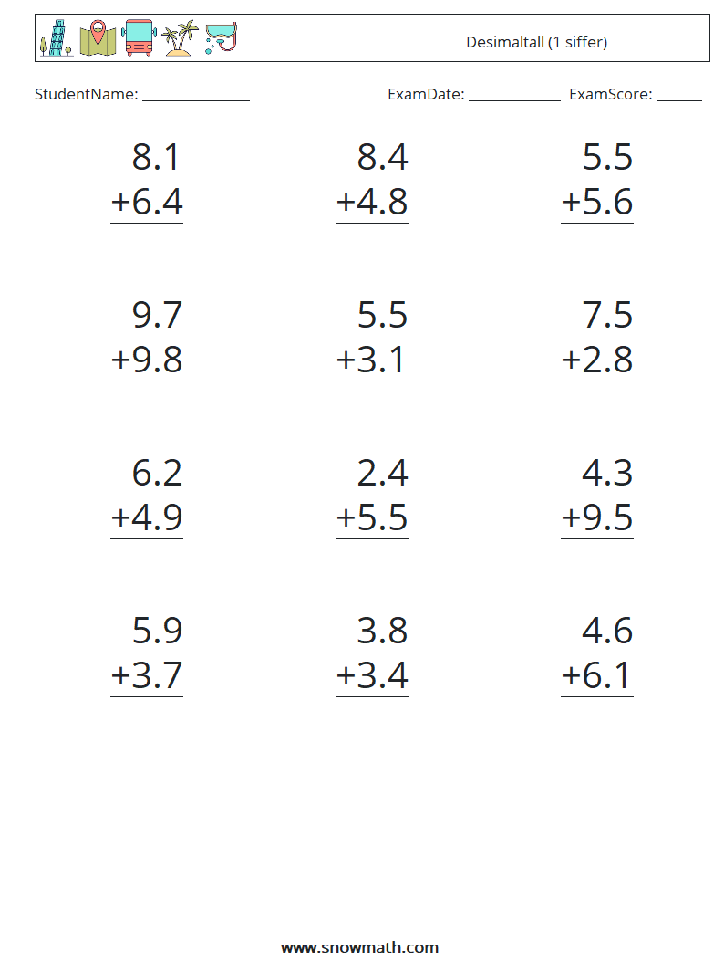 (12) Desimaltall (1 siffer) MathWorksheets 12