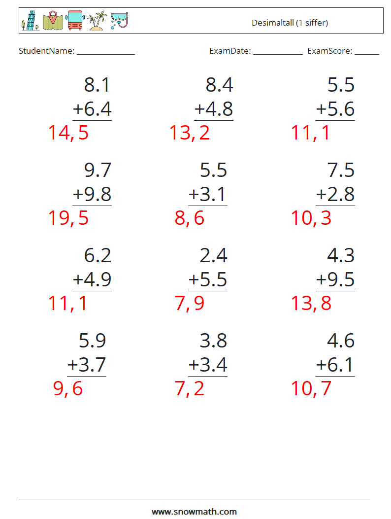 (12) Desimaltall (1 siffer) MathWorksheets 12 QuestionAnswer