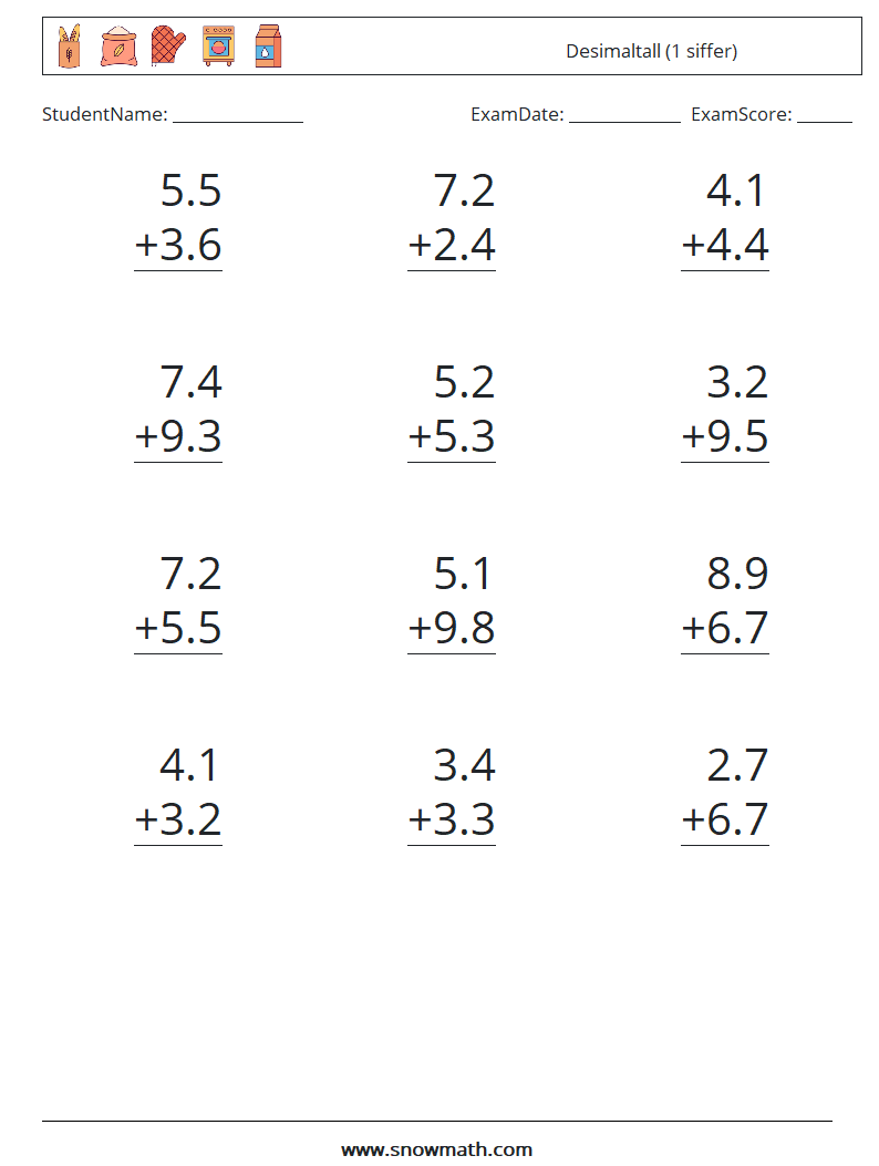 (12) Desimaltall (1 siffer) MathWorksheets 14