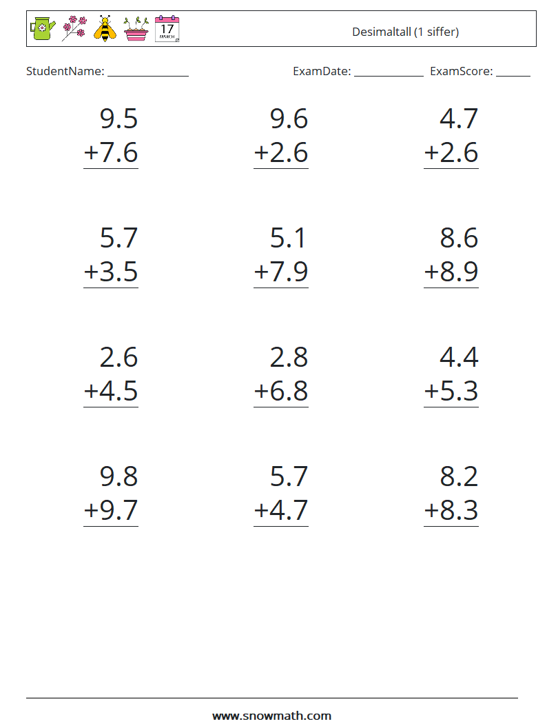 (12) Desimaltall (1 siffer) MathWorksheets 15