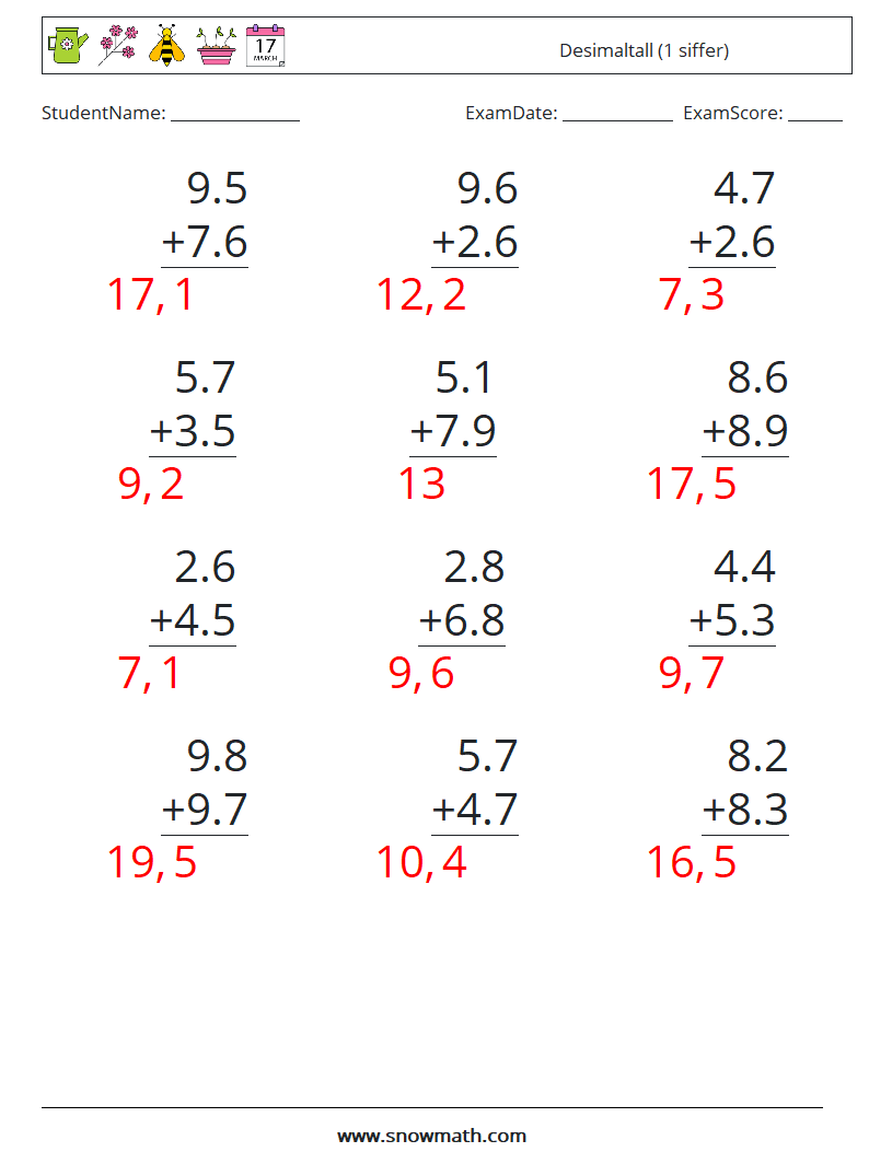 (12) Desimaltall (1 siffer) MathWorksheets 15 QuestionAnswer