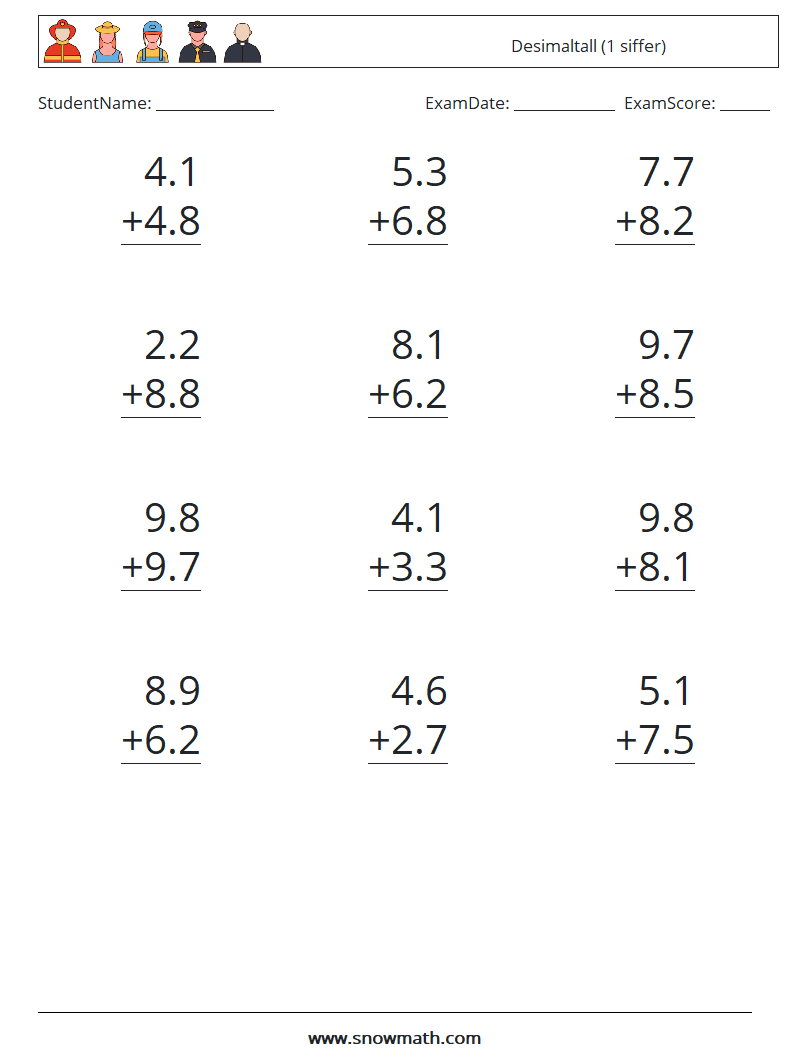 (12) Desimaltall (1 siffer) MathWorksheets 16