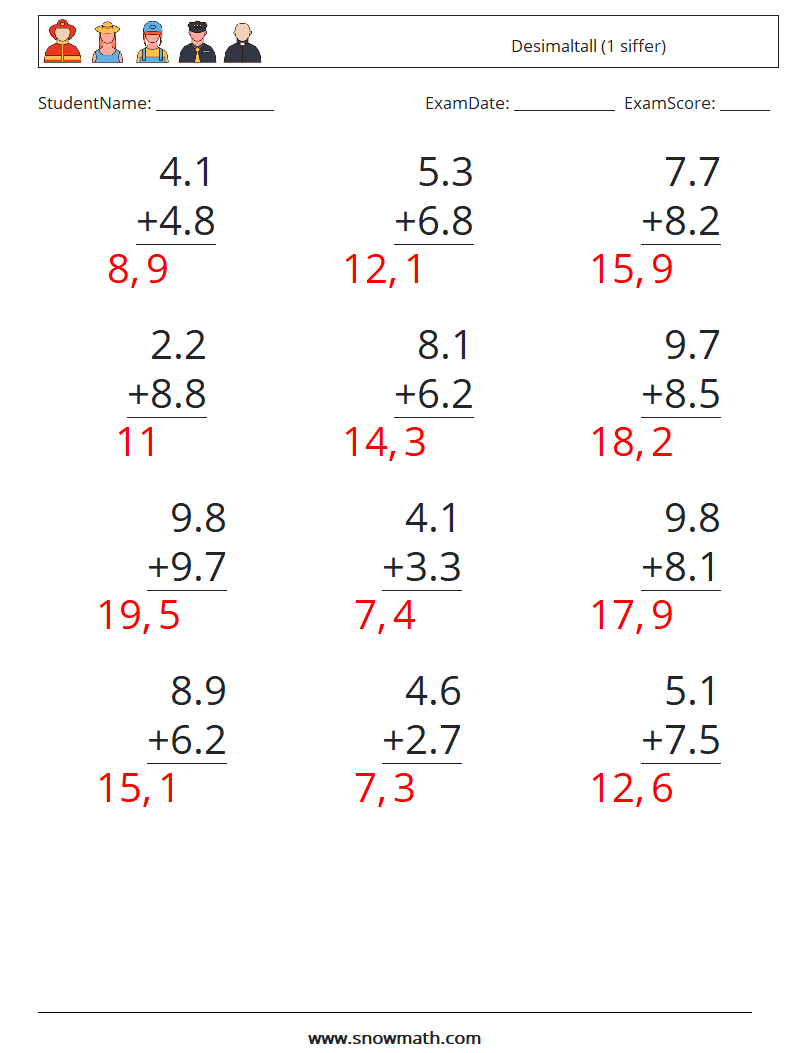 (12) Desimaltall (1 siffer) MathWorksheets 16 QuestionAnswer